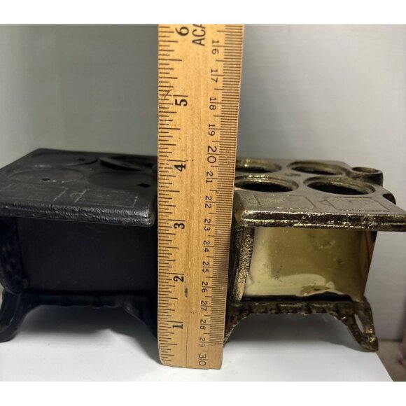 Queen Cast Iron Miniature Stove Set 2 Stoves and Accessory Pieces Black Gold - Picture 12 of 13